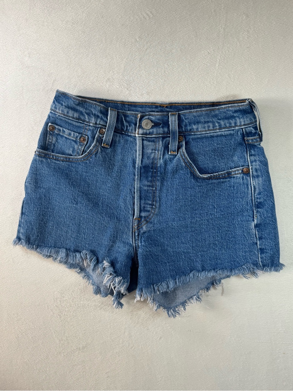 Levi's 501 Medium Blue Distressed Cutoff Denim Shorts size 25
